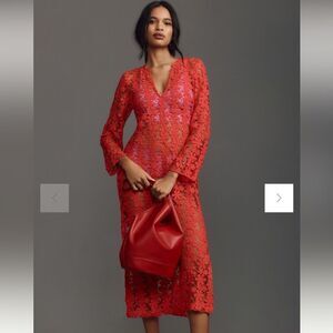 Anthropologie 3D Floral Kaftan Dress Red Lace M/L
